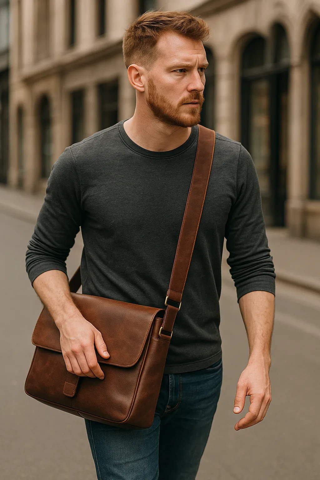 Eine Mann  mit Herren Leder-Umhängetasche